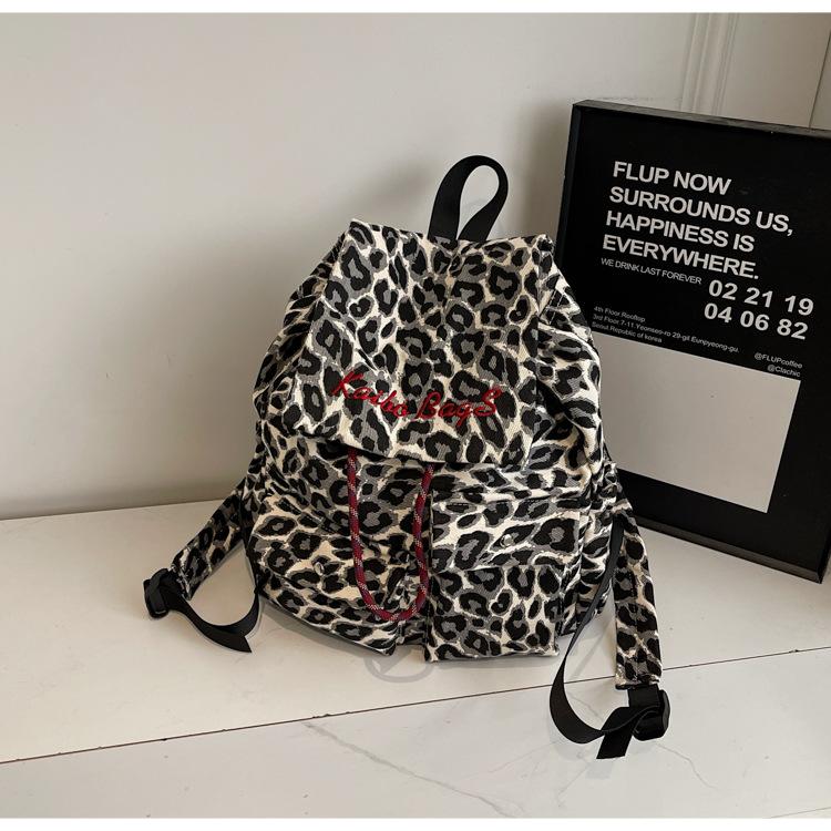 Schoolbag Drawstring College Student Schoolbag Trendy Cool Leopard Print Canvas Backpack Women's Autumn and Winter New Casual Large-capacity Travel