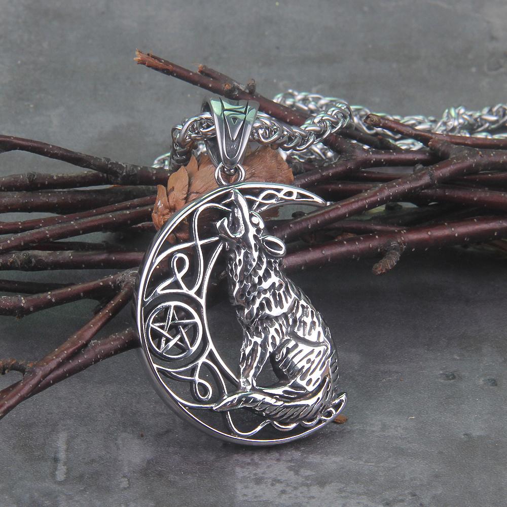 Stainless Steel Nordic Vikings Pendant Necklace Norse Wolf Head Amulet Animal Jewelry Gift with Wooden Box