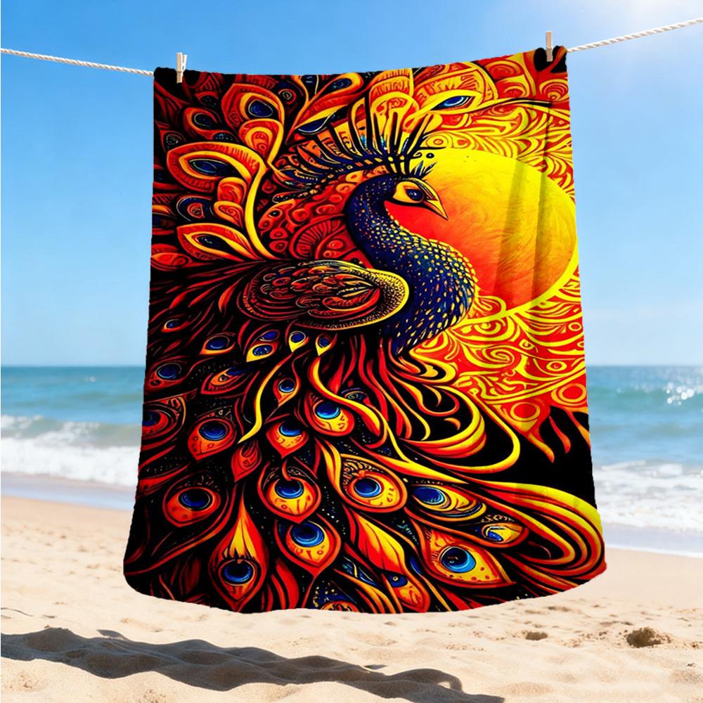 1pc Peacock Feather Print Print Outdoor Blanket, Lightweight Polyester,