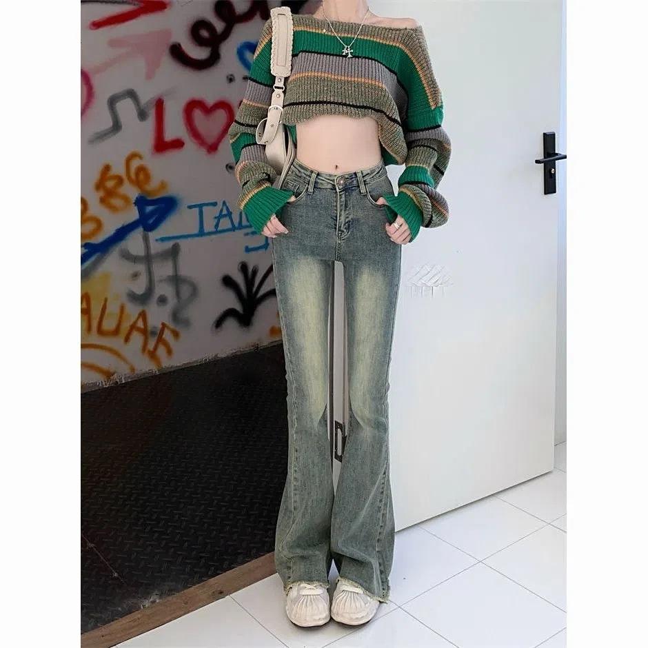Flap Pocket Raw Hem Bell Bottom Jeans, Y2k Streetwear High Waist Washed Fitting Denim Pants, Women's Denim Jeans & Clothing