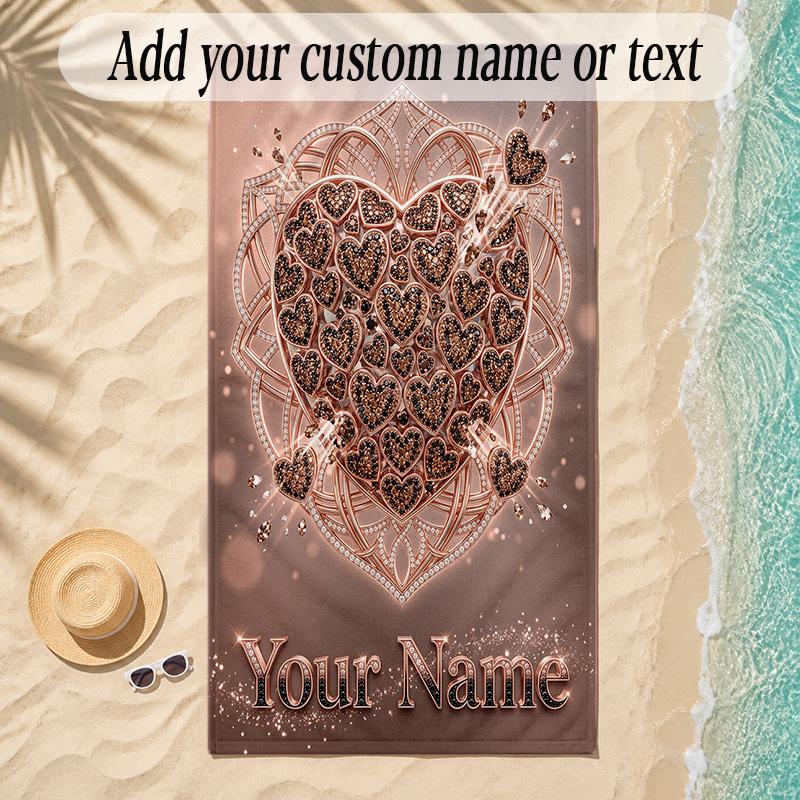 Hearts Theme Soft Beach Towel Personalized Custom Name Text Towel Portable for Beach Pool Travel