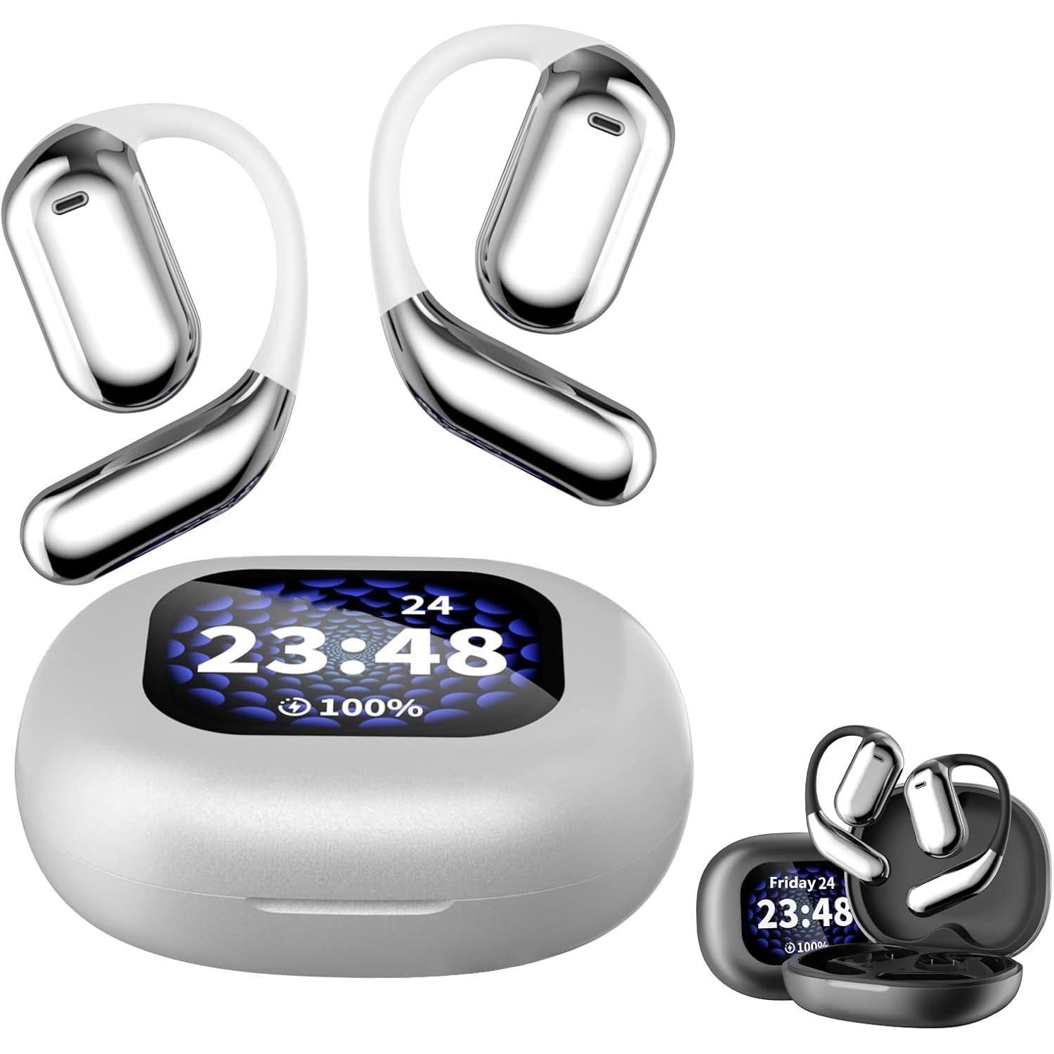 

Накладні навушники True Wireless Open Ear Earbuds Bluetooth 5.4 Headset Wireless Earbuds Open Ear Headphones with LED Display Водонепроникні навушники білий