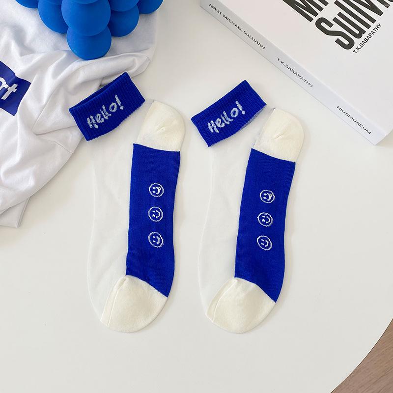 Women's Spring and Summer Light and Trendy Invisible Short Socks Blue Cartoon Smiling Face Glass Sole Boat Socks