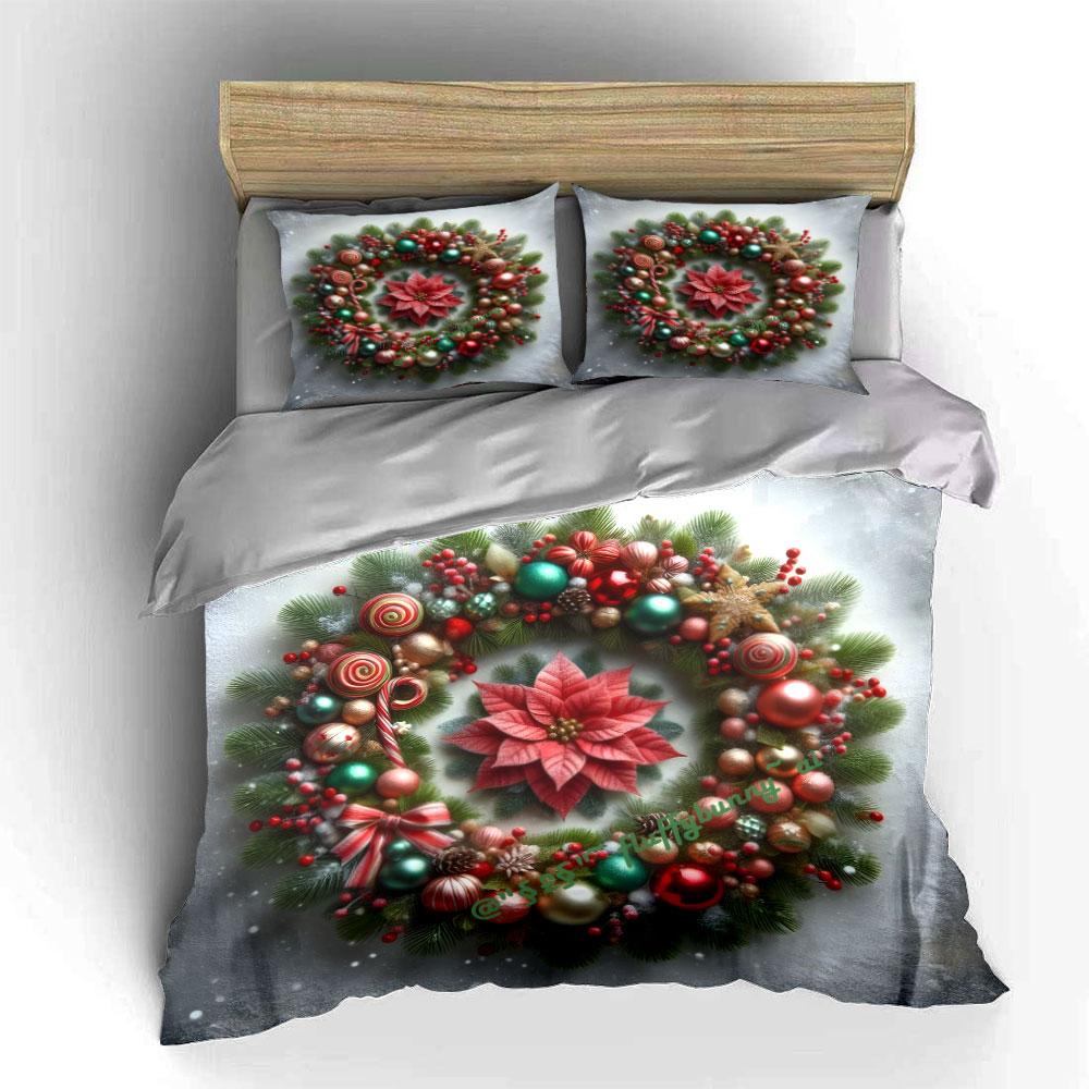 Christmas Wreath with Poinsettia Bedding Duvet Cover Set  (1*Duvet Cover 2*Pillowcases, Without Duvet Insert)