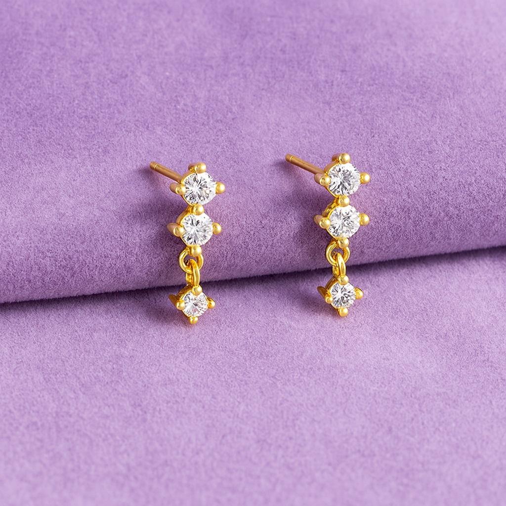 Triple Stone Minimal Drop Earrings - 925 Sterling Silver Gold Plated