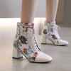 Sweet Women Ankle Boots Pink Red White Flower Print High Block Heels Casual Party British Lady Lace-up Winter Plush Short Boots