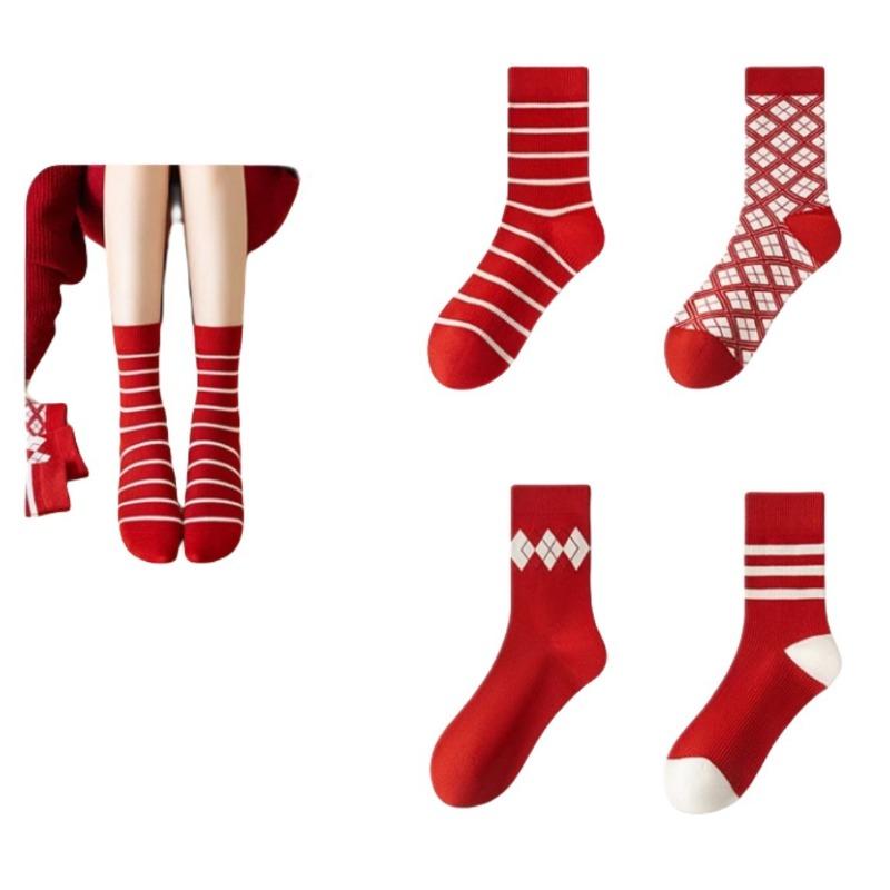 5 Pairs of Women's Autumn and Winter Pure Cotton Wedding New Year Boneless Red Socks