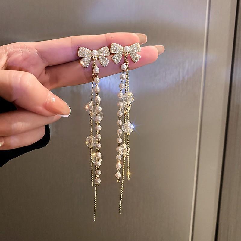 Zircon Pearl Pentagram Fringed Earrings Fashion Light Luxury High-end Stud Earrings Elegant Temperament Earrings