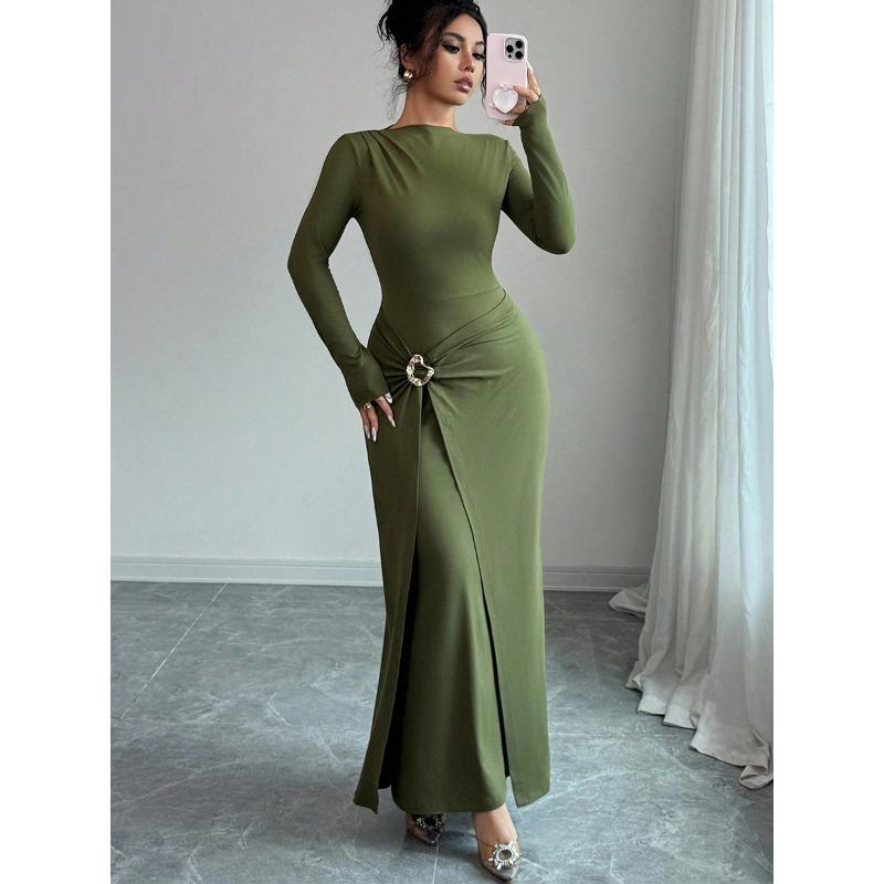 Frock Dress Autumn Solid Color Long Sleeve Hip Skirt Knitted Elastic