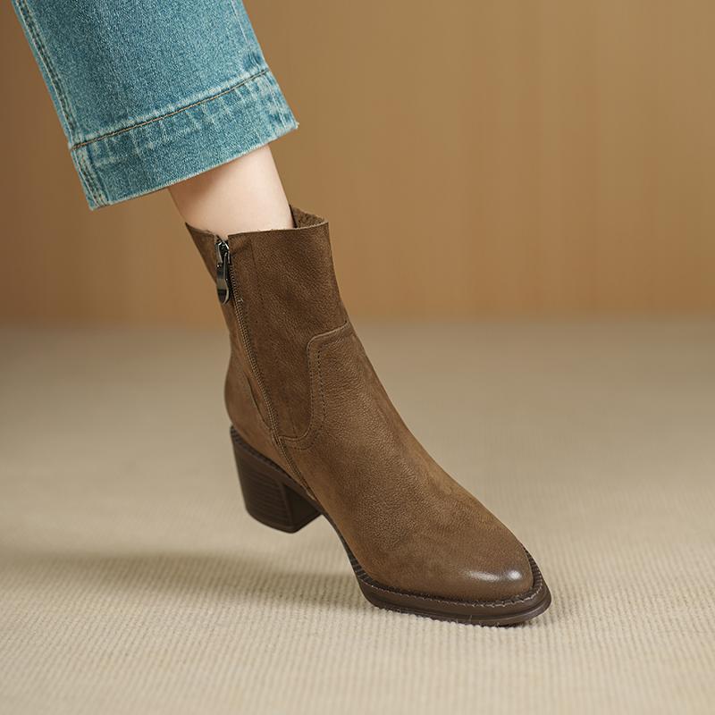 Fashion 2025 Autumn Women Boots Pointed Toe Chunky Heel Genuine Leather Women Shoes Short Modern Boots Winter High Heel Mid-calf Boots