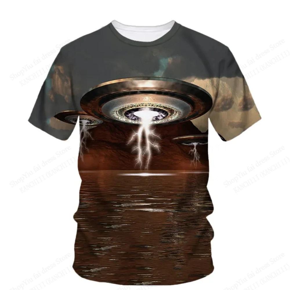Summer UFO Alien 3d Print T-shirt Men Fashion Casual O-Neck Short Sleeve Tshirt Funny Mysterious Spaceship Tops Tees Men Clothes
