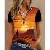 Modisches und elegantes Reißverschluss V-Ausschnitt Color-Blocking bedrucktes T-Shirt, Übergröße Damen Kurzarm Sommer Locker T-Shirt
