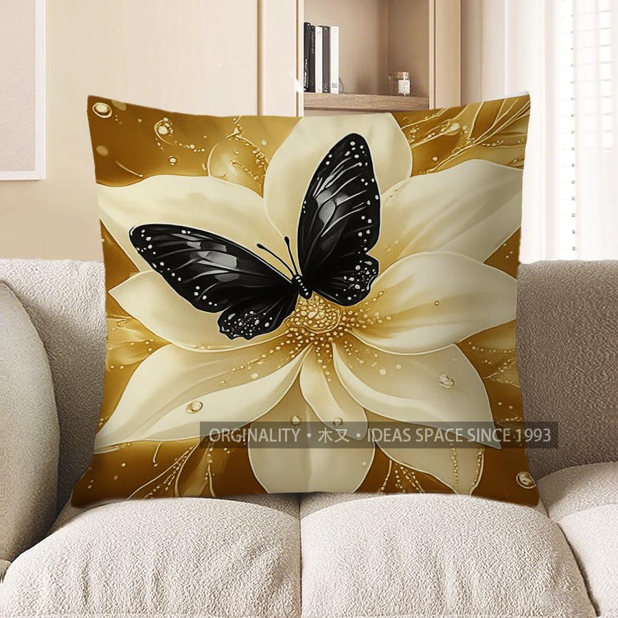Home Decor Black Butterfly & Golden Flowers Pillow Cover Pattern Cushion Cover Suitable For Sofa Bedroom Car Pillow Cover