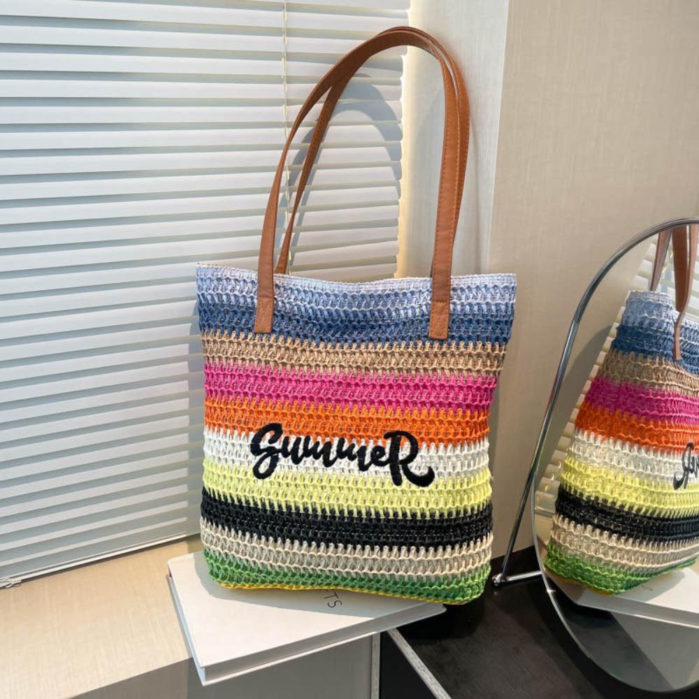 

Beach Handbag Rainbow Beach Bag Hollow Out Knitted Tote Bag Simple Strip Woven Bag Holiday Style4