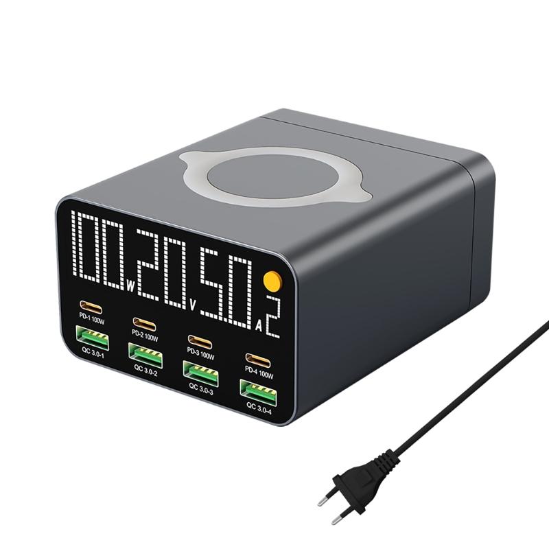 USB C Charging Station with 4 QC3.0+4 USB C PD100w Port and Wireless Charger for Train Stations For Smartphones Charging