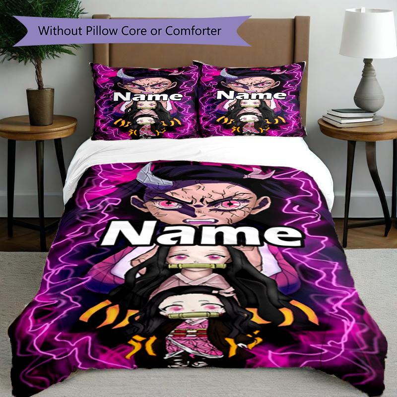 Set cuvertură de pilota 3 buc (1 * Husă de pilota + 2 * Față de pernă, Fără Miez), Set de așternut personalizat cu nume și model Demon Slayer, Cadou pentru Decorarea Dormitorului de Acasă