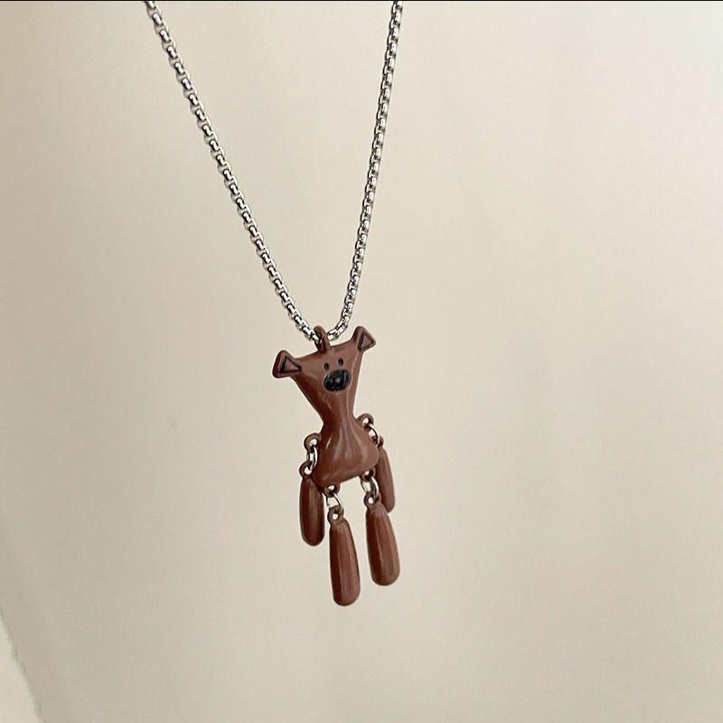 Fashion Coffee Color Teddy Bear Pendant Necklace, for Women Men Retro Movable Titanium Steel Sweater Chain Jewelry Party Gift