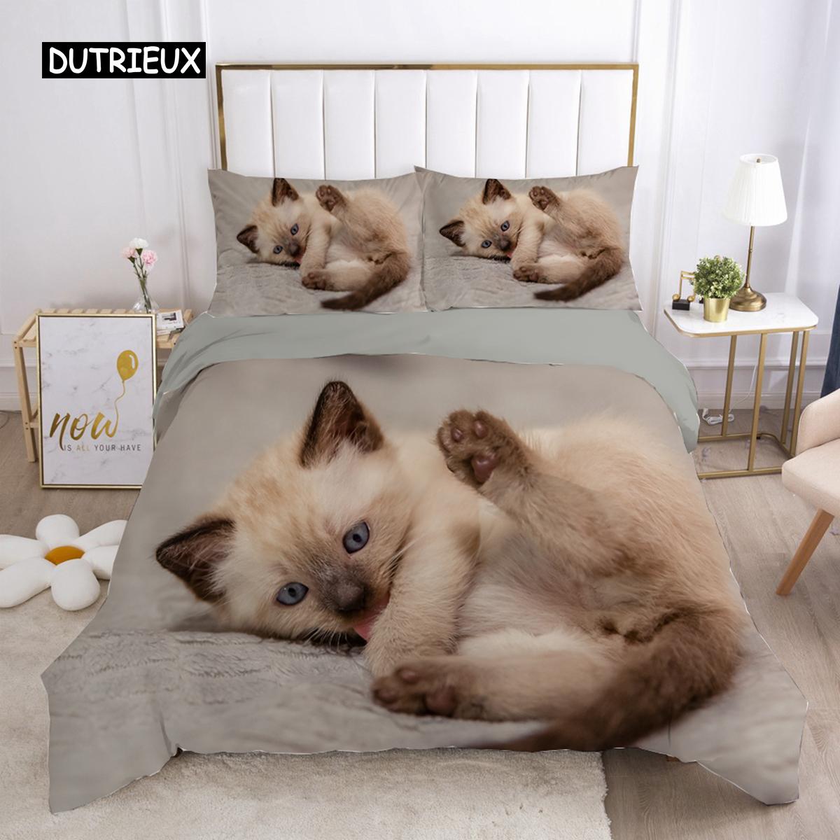 

Комплект постельного белья с изображением кота, милого животного, котенка, пододеяльника для детей, подростков, девочек, животных, двуспального размера, размера «king-size», полиэстера, комплект постельного белья EU single(135x200cm)