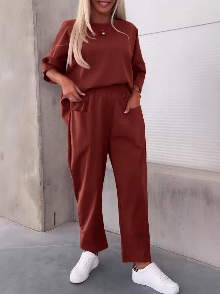 2024 Autumn/Winter Women's Solid Crew Neck Long Sleeve Set with Pocket Pants.