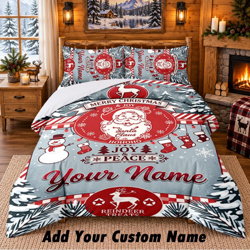 Christmas Custom Name Pattern Bedding 3Pcs Set Bed Sheet Pillowcases Indoor Bedroom Holiday Gift