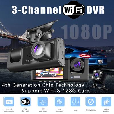 Dreikanal-Dashcam mit WLAN, Dreikanal-Mini-Autokamera, DVR-Recorder, FHD 1080P Video-Fahrtenschreiber, Blackbox