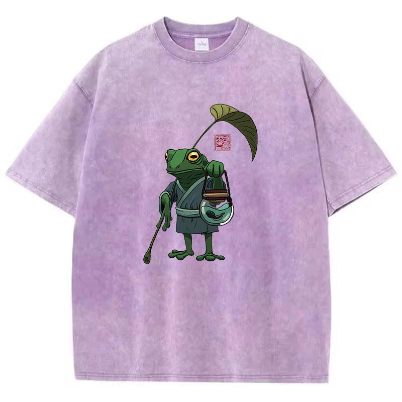 T-shirt Vintage Płukana Bawełna Styl Japoński Żaba Grafika Anime T-shirt Casual Streetwear Wiosna Lato