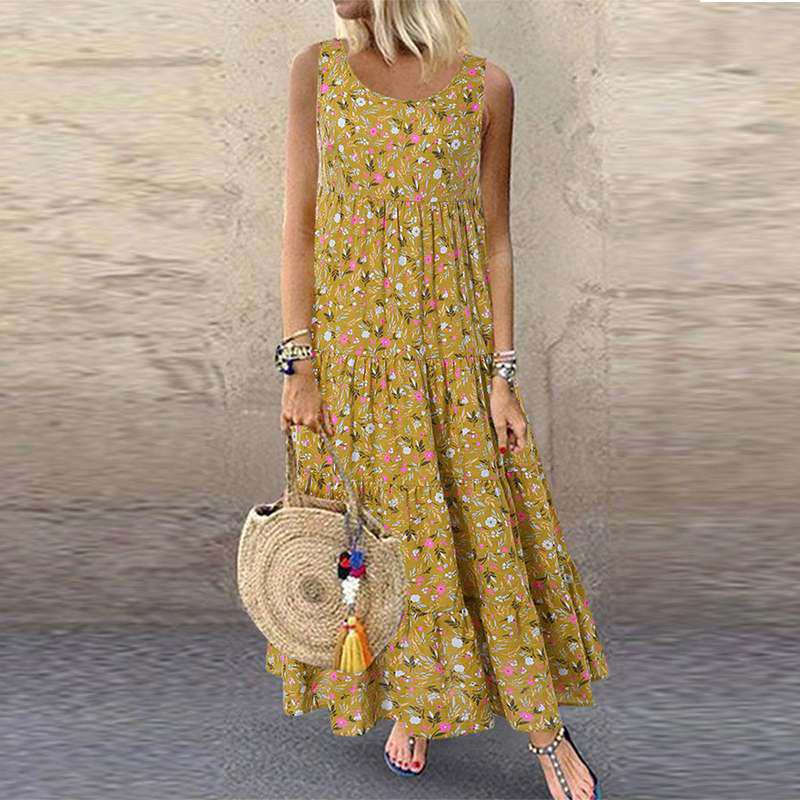 Damen Übergröße Lässiges Lockeres Kleid Ärmellos Floral Täglich Leinen Druck Langes Maxikleid