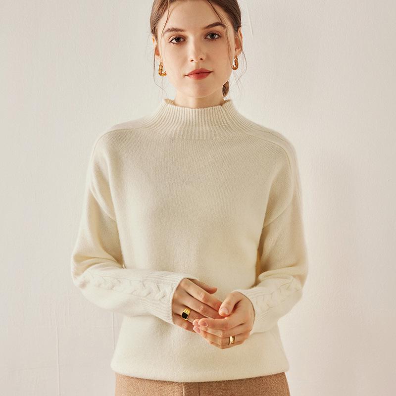 Women's Cable Knit Cashmere Sweater - Long Sleeve, Half-High Neck, Saddle Shoulder, Loose Fit, Solid Color, Autumn/Winter Pullover.
