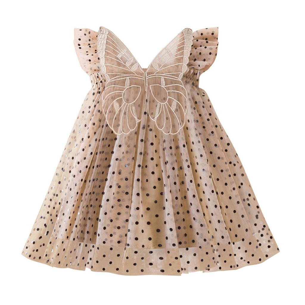 Mädchen Prinzessinnenkleid aus Netzstoff mit Punkten und Schmetterlings-Hosenträgern