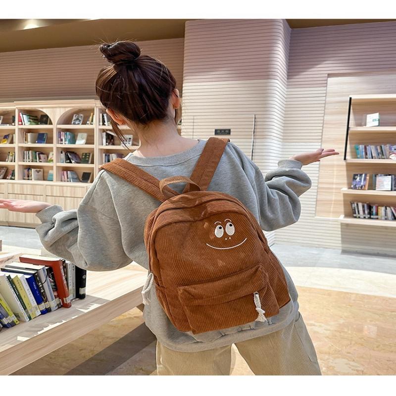 Solid Color Corduroy Backpack with Cute Anime Smiley Face Design, Large Capacity Student School Bag for Casual Use, Unisex