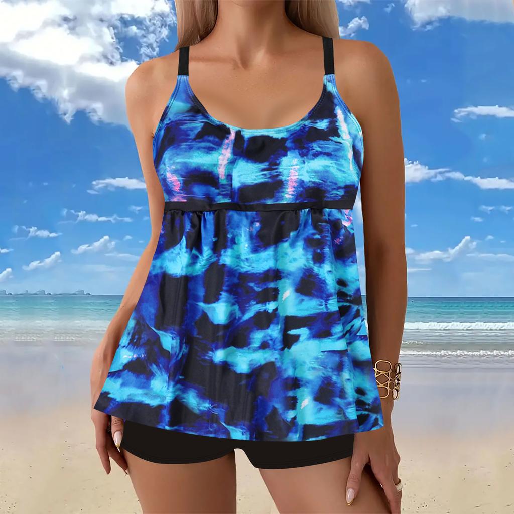 New large size split flat angle print two-piece women's swimsuit