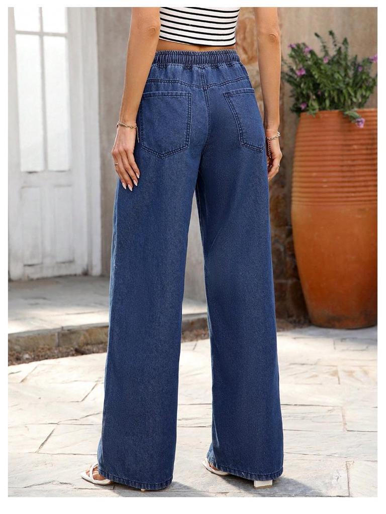 Damskie jeansy z wysokim stanem, luźne, szerokie nogawki, rozciągliwe, ze sznurkiem do ściągania