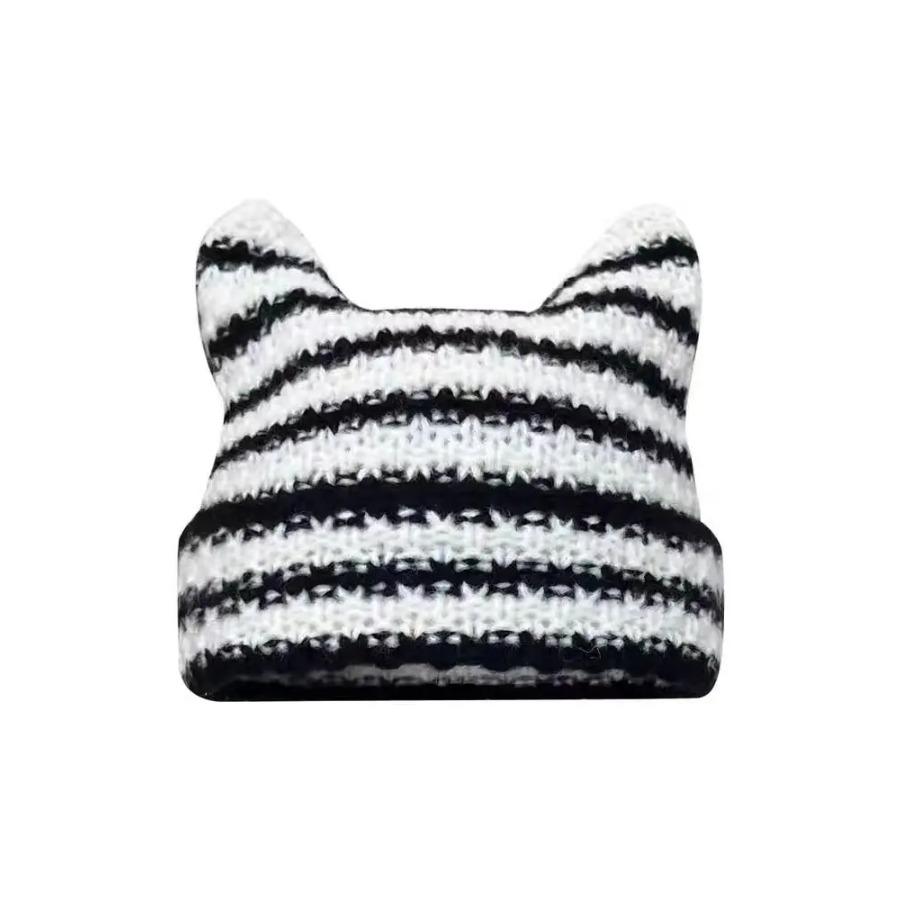 New Japanese Streetwear Harajuku Beanie Little Devil Striped Knitted Hat Women Girls Autumn Winter Cute Cat Ears Cap
