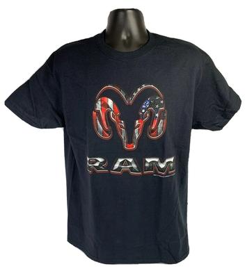 T-shirt Noir avec Drapeau Américain Rouge Blanc Bleu Emblème Camion Dodge Ram