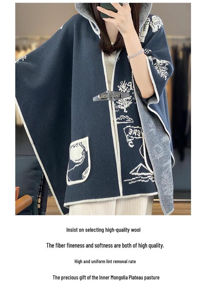 Women's Retro Wool Jacquard Hooded Cardigan Cape Shawl