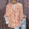 Damenmode Lässig Knopf V-Ausschnitt Siebenärmel Vintage Bedrucktes Hemd Top