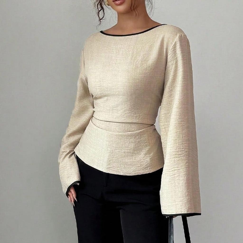 Women Long Sleeve Peplum Top Waist Cinched Flared Sleeve Crew Neck Casual Streetwear Blouse Fashion Basic Tunic Shirt