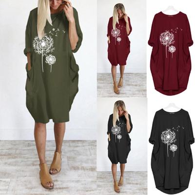 Fashion Women Casual Loose Print Pullover Dress Round Tie Pocket Dress