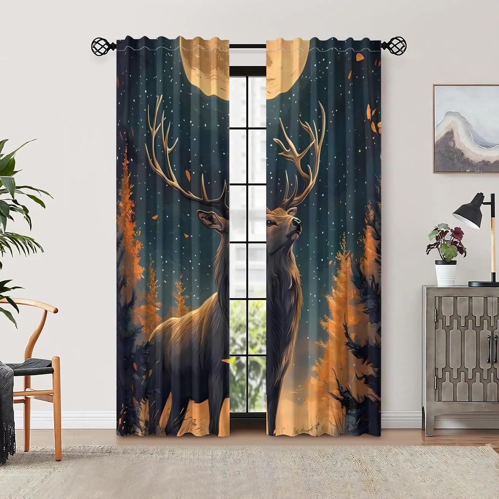 Deer Curtain - Vintage Blackout Curtains with Majestic Deer & Starry Night Forest Design    Polyester Machine Washabl