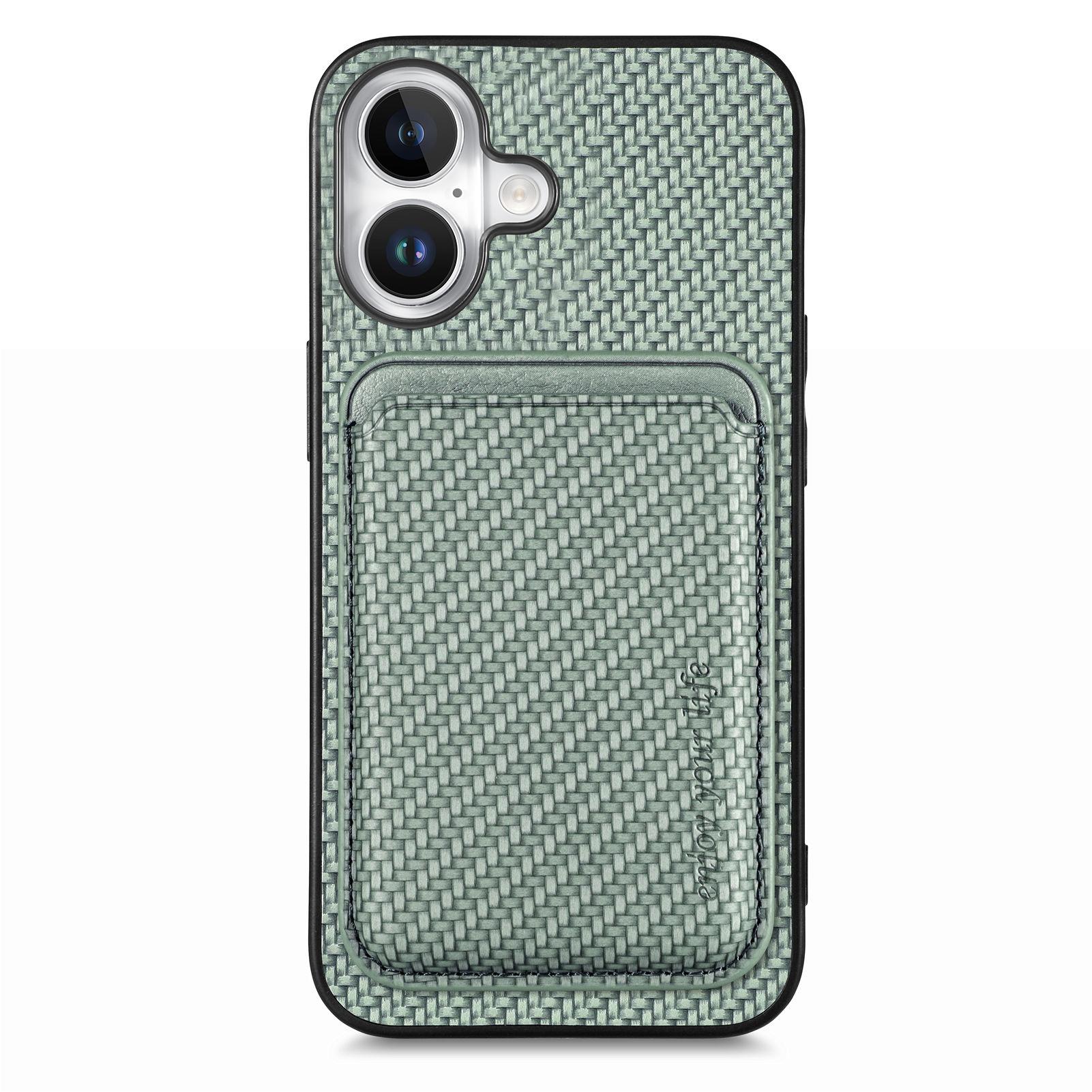 

For iPhone 16 Plus Case Carbon Fiber Leather Back Cover with Detachable Card Bag Green