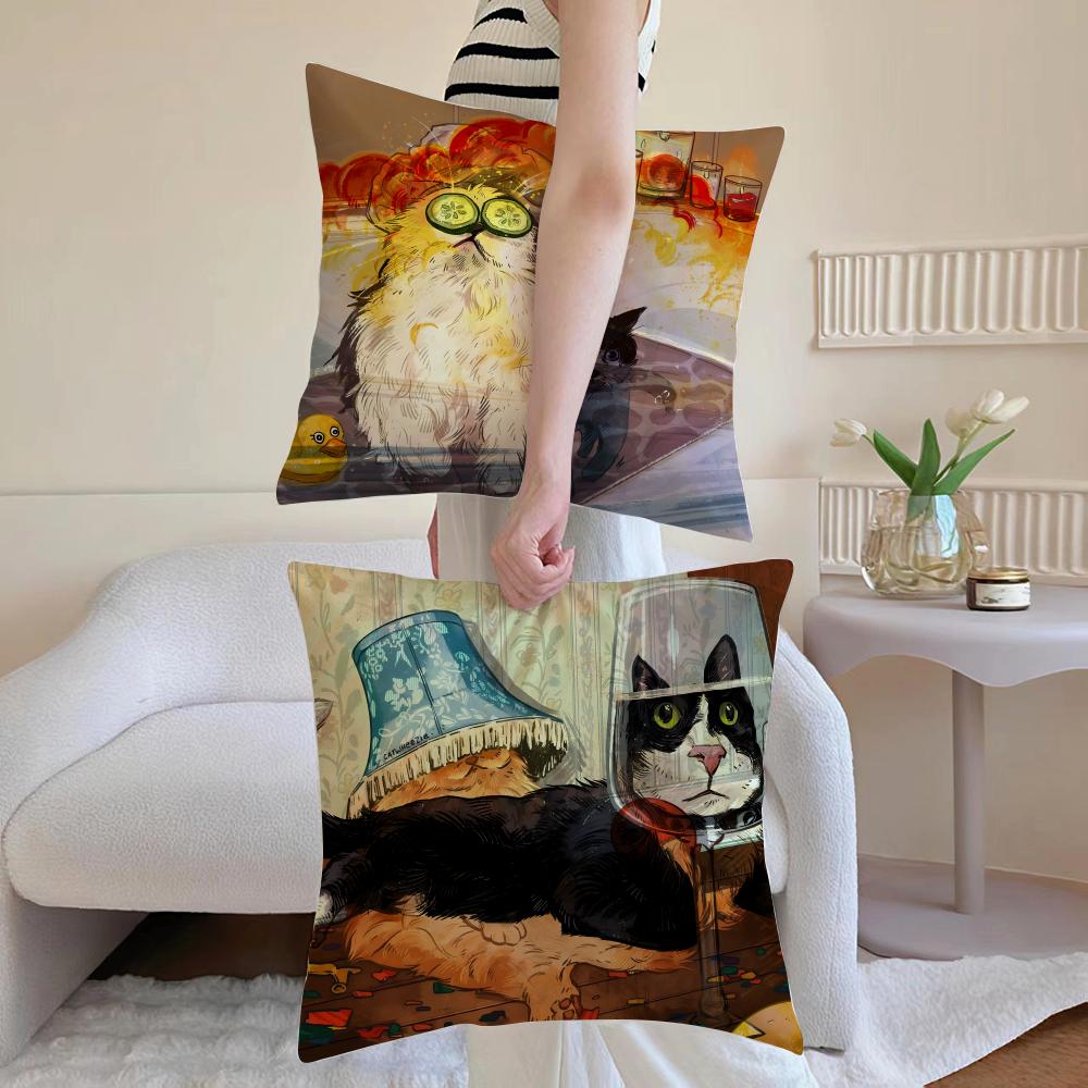 Mischievous Cat Cushion Cover Anti-dustmite Pillowcase Invisible Zipper Silky Short Plush Sofa Cushion Cover
