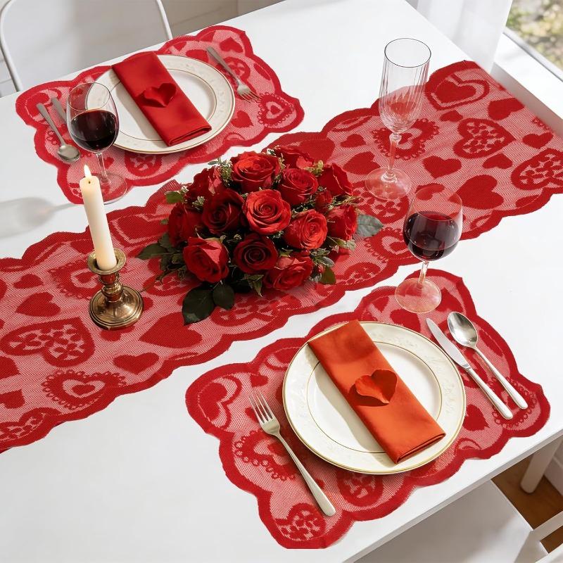 Valentine's Day Table Runner Placemat - Heart Lace Table Cloth Heat Insulation Pad for Romantic Holiday Party Dining Table