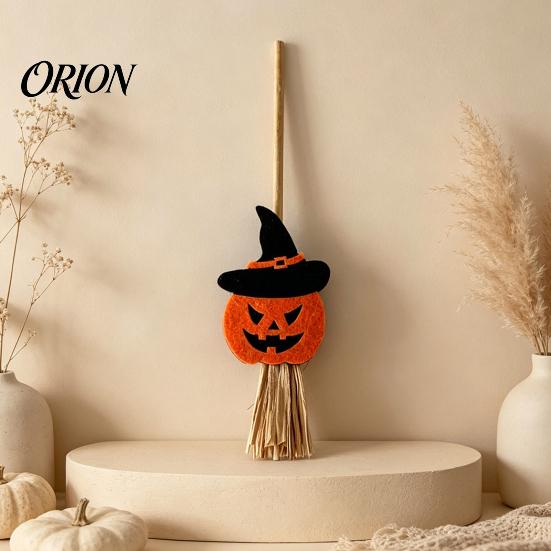 Natural Straw Broom Ornament Halloween Mini Broomstick Ornament, Witch Pumpkin Bat Ghost Decor with Grass Bright Wear-resistant Broom, Festive