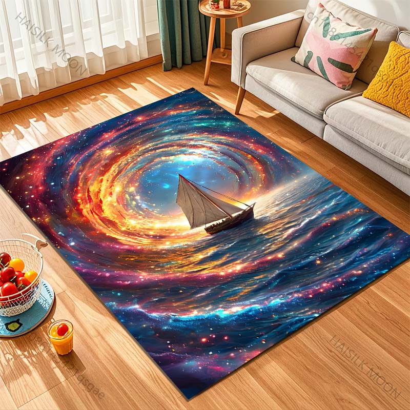 1PC Mystical Starry Vortex and Sailboat Print Carpet Rug for Living Room Bedroom Sofa Doormat Home Decor Non-slip Floor Mat