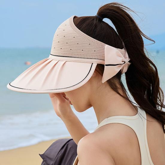 Women's Sun Visor Hat Summer Large Brim Fishing Cap with Bow UV Protection Half Open Top Beach Hat for Hiking Travel