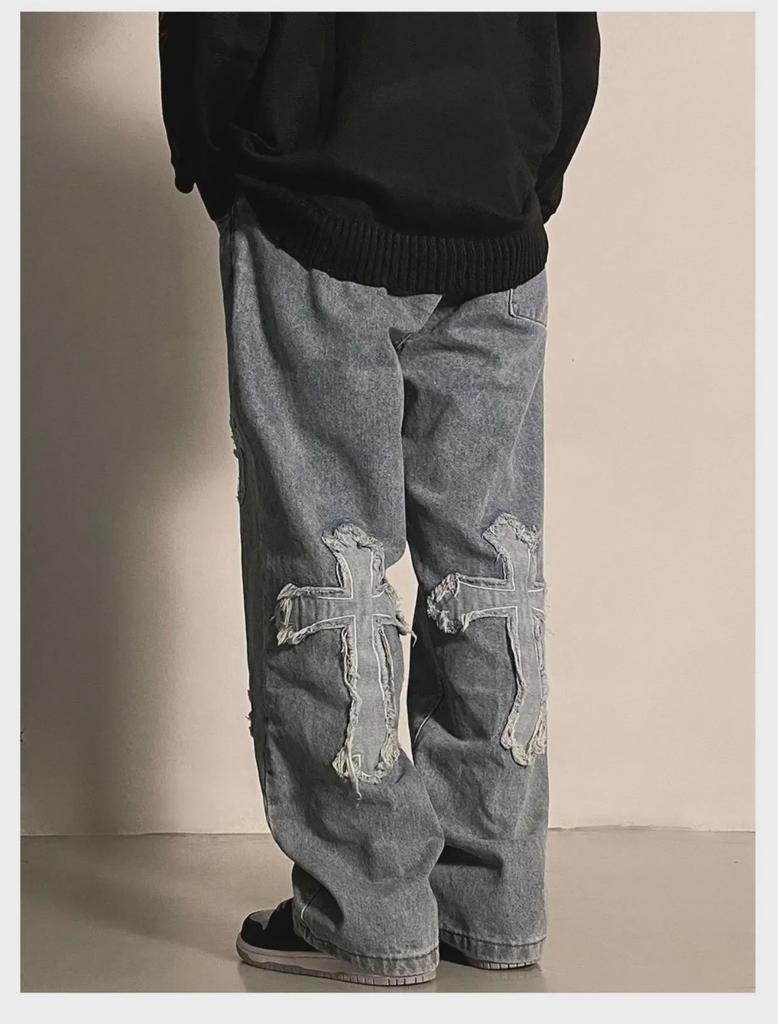 Herren Retro Straight Jeans mit Kreuzstickerei - Hip Hop Stil