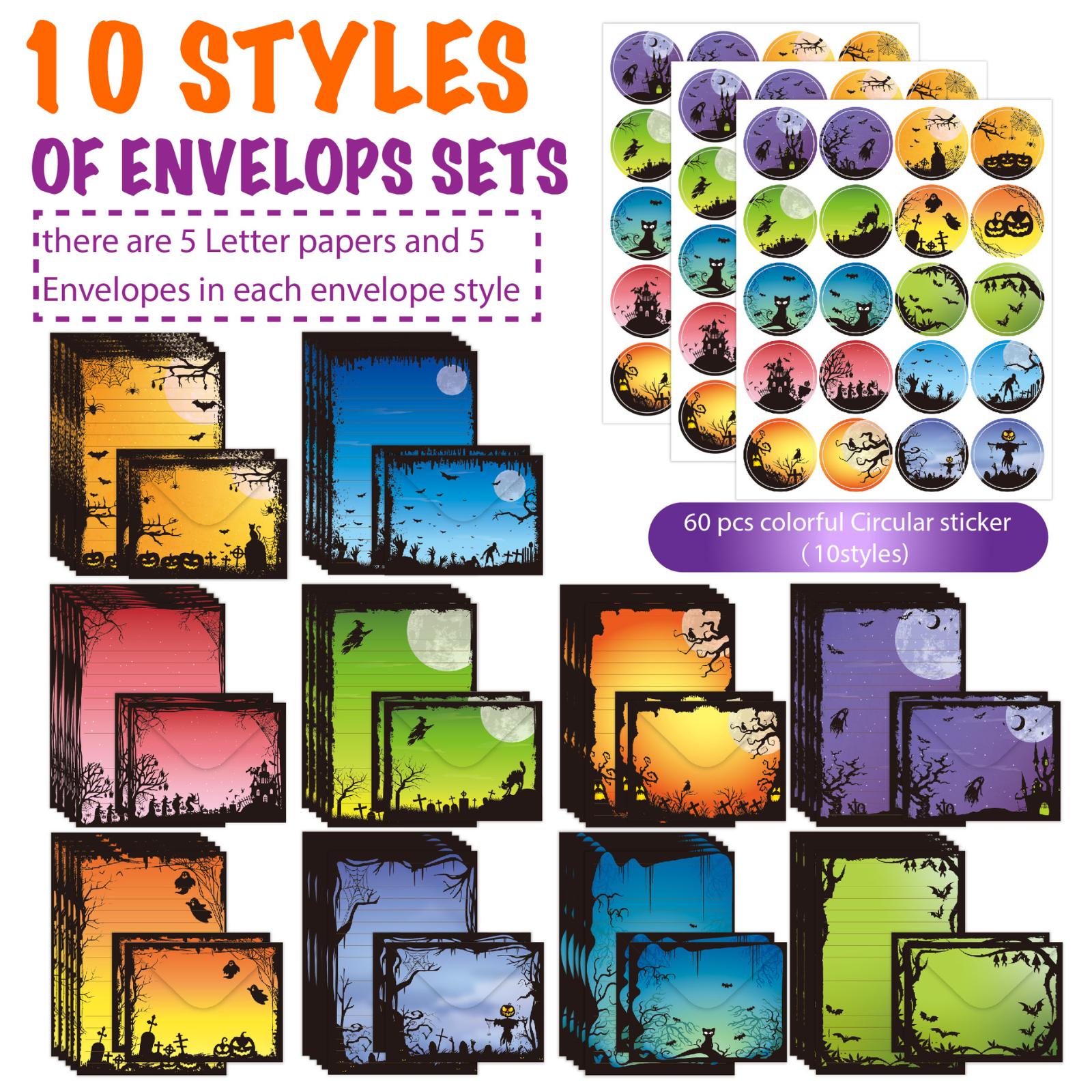 

Набор канцелярских принадлежностей «Конверт на Хэллоуин», 10 дизайнов, красочные пустые поздравительные открытки с надписью «Счастливого Хэллоуина» с конвертами и наклейками One Size