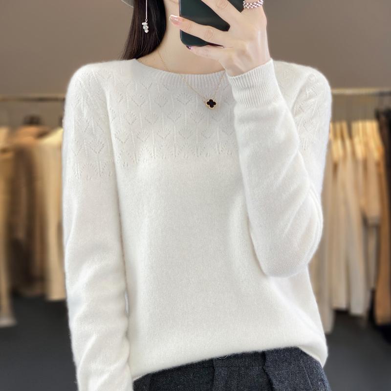 Women's Round Neck Sweater, Qinghe Cashmere, 30% Cashmere 70% Wool, Hollow Winter Knitted Pullover Autumn Sweater Cashmere Sweater