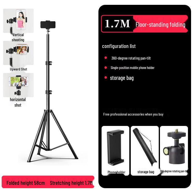 Mobile Phone Live Streaming Selfie Stand Holder, Adjustable 1.7m/2.1m Floor Tripod for Video Shooting, TikTok & Kuaishou