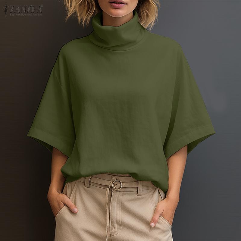 

ZANZEA Женская водолазка Свободная летняя повседневная блузка с полурукавом L армия зеленый